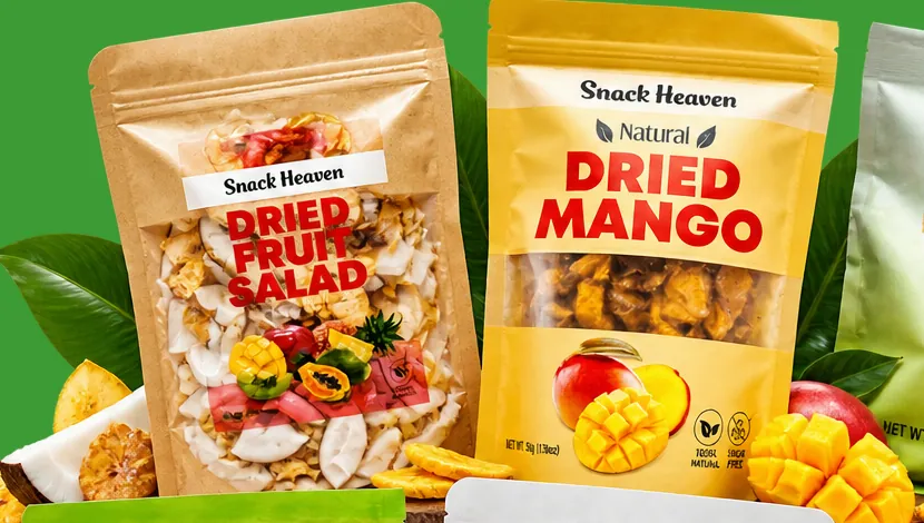 Snack Heaven Dried Fruit Salad and Dried Mango packs with fresh mango