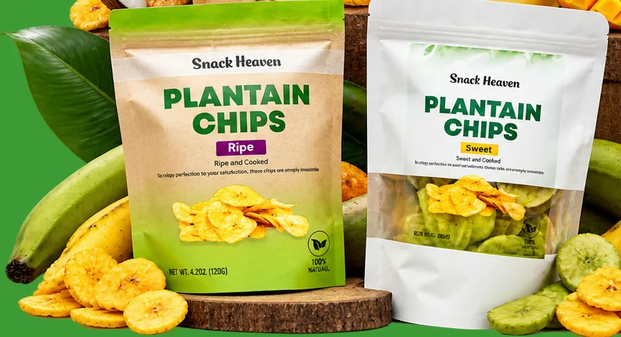 Snack Heaven Ripe and Sweet Plantain Chips with fresh plantains and chips