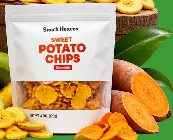 Snack Heaven Sweet Potato Chips pack beside a halved sweet potato
