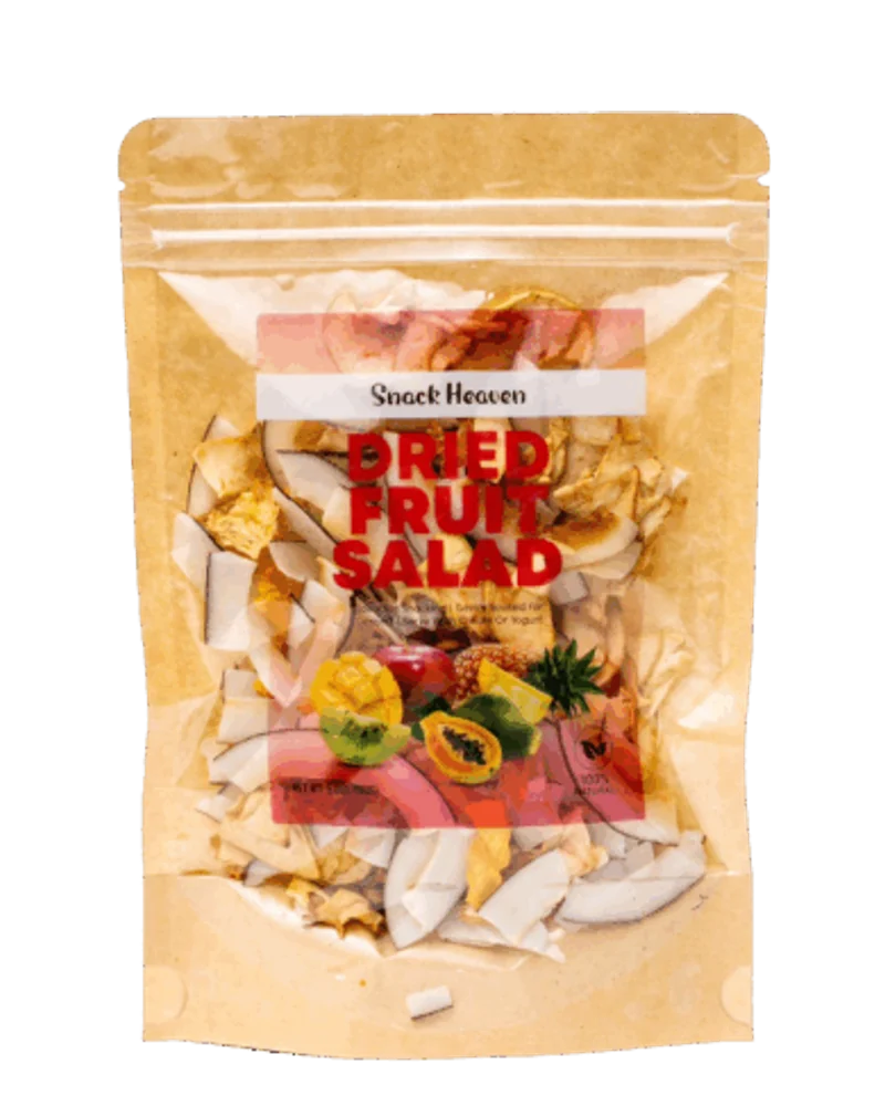 Snack Heaven Dried Fruit Salad in a kraft stand-up pouch with a clear window showing mixed dried fruit