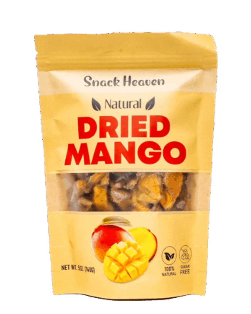 Snack Heaven Natural Dried Mango in a yellow stand-up pouch with mango illustration