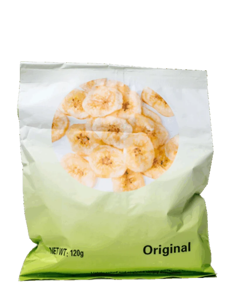 Snack Heaven Original Plantain Chips in a pale green pack with a round window showing plantain chips