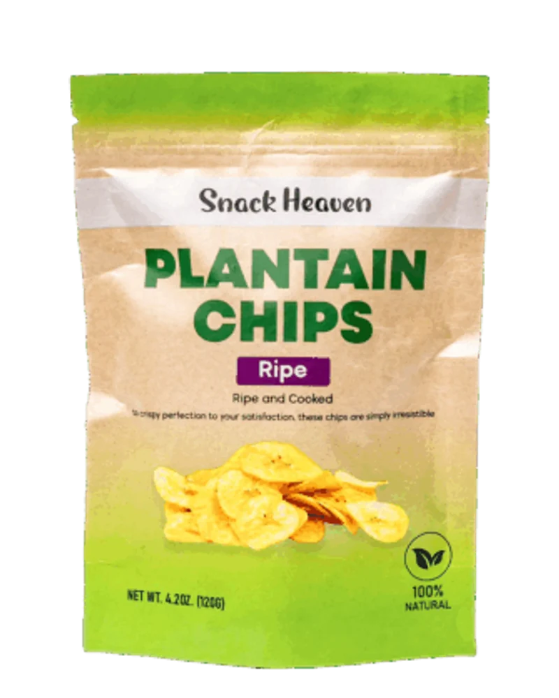 Snack Heaven Ripe Plantain Chips in a green and kraft stand-up pouch