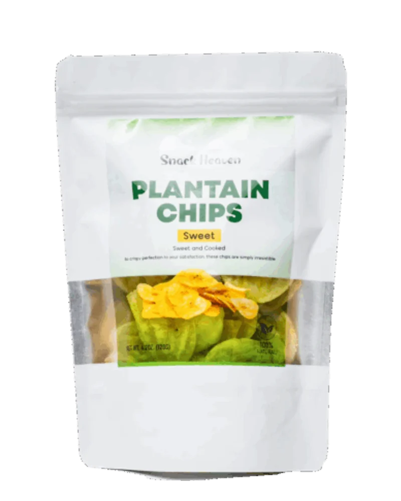 Snack Heaven Sweet Plantain Chips in a white stand-up pouch with a window showing plantain chips