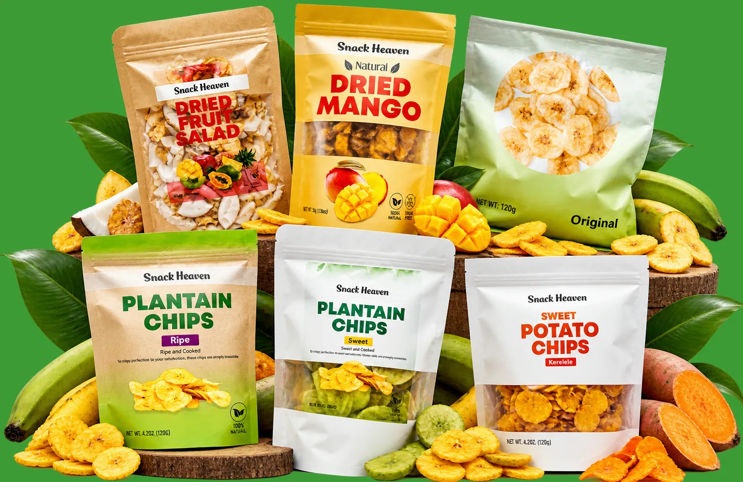 The full Snack Heaven range of dried fruit salad, dried mango, and plantain and sweet potato chips, arranged with fresh plantains, mangoes and sweet potatoes