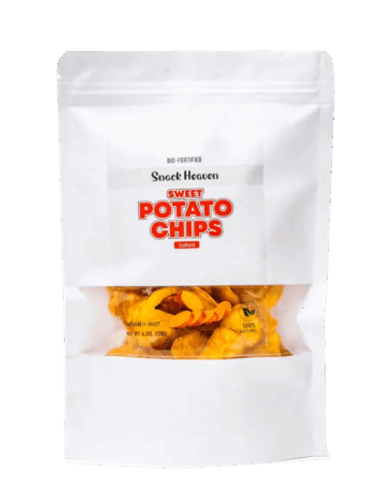 Snack Heaven Sweet Potato Chips in a white stand-up pouch with a window showing orange sweet potato chips